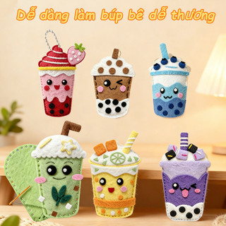 【BabyJoy】Set DIY trà sữa siêu xinh,Bộ dụng cụ tự làm thêu,làm móc khóa treo túi,Kèm Len, Kim An Toàn & Phụ Kiện
