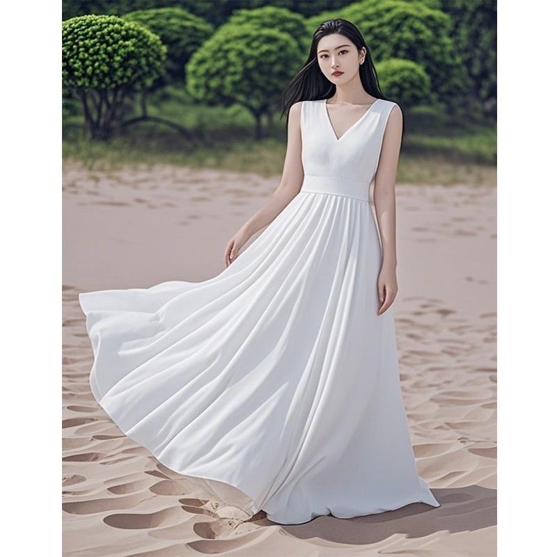 Đầm dài mùa hè bằng vải voan, phong cách bãi biển cao cấp mới, đầm không tay thanh lịch cho kỳ nghỉ bên biển