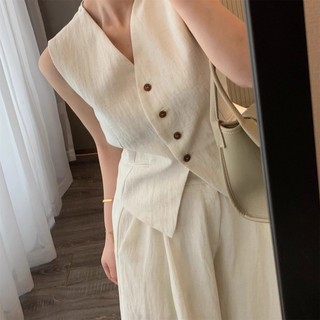 Bộ vest vải lanh không tay, cao cấp, phong cách mùa hè trẻ trung năng động cho Nữ