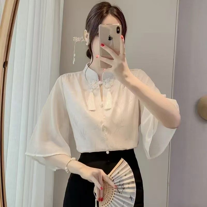 Áo sơ mi tay ngắn nữ phong cách Trung Hoa, chất liệu acetate jacquard, phù hợp mùa hè