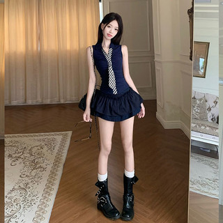 Nova-Set Đồ Nữ Hai Món Mùa Hè Phong Cách Học Đường Cá Tính Áo Sơ Mi Kẻ Sọc Cổ Cà Vạt Phối Viền Nhún