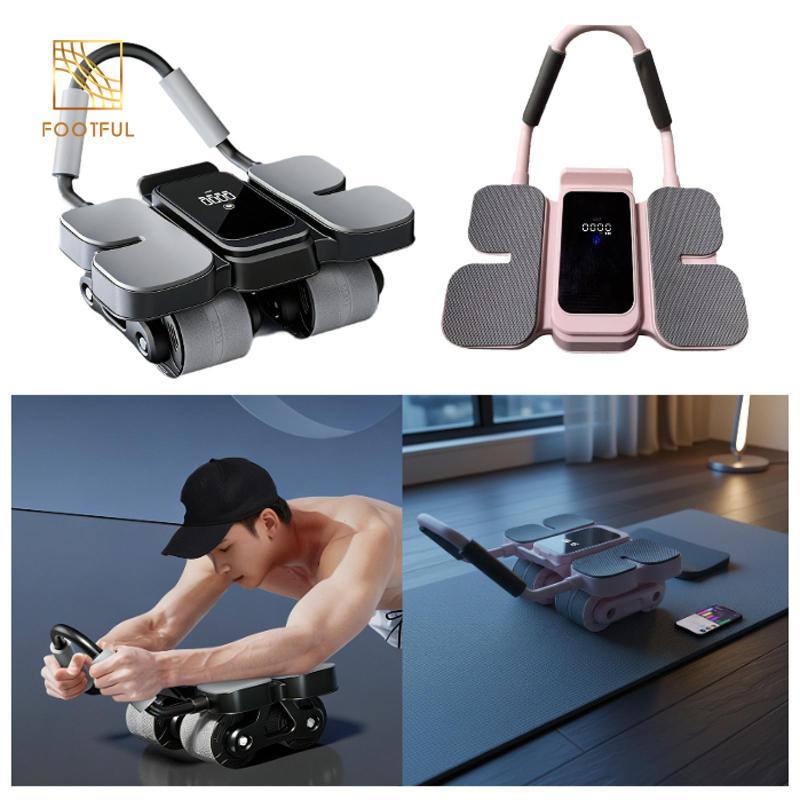Thiết bị tập luyện bằng bánh xe lăn giúp tăng cường sức mạnh cơ bụng và có giá đỡ điện thoại để dùng tại nhà.