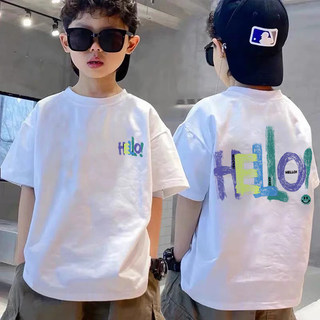 Áo thun ngắn tay cho bé trai với chữ "hello" tiếng Anh và một hình in nhỏ đơn giản; kiểu dáng thoải mái và dễ phối đồ.