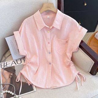 Plus Size Áo Sơ Mi Nữ Sọc Tay Ngắn Nữ Mùa Hè 2025 Phiên Bản Hàn Quốc Thiết Kế Rời Thường Ngày Phù Hợp Với Dây Rút Ngắn Top Tay Ngắn Plus Size Quần Áo Nữ