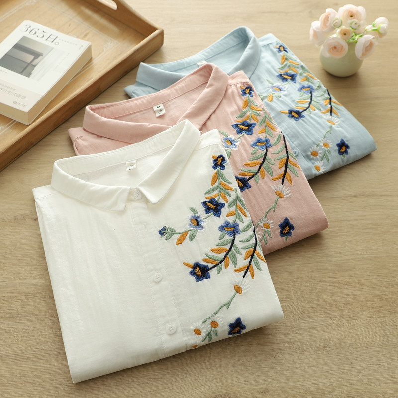 Áo sơ mi nữ tay ngắn thêu đẹp mắt, chất liệu sợi cotton cao cấp, sẵn sàng giao hàng