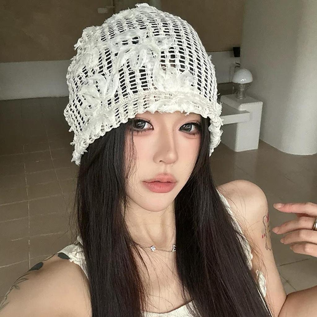 Mũ nồi ren rỗng họa tiết hoa ngọt ngào, chất liệu len mềm mại co giãn - Phù hợp thời trang hàng ngày và chụp ảnh