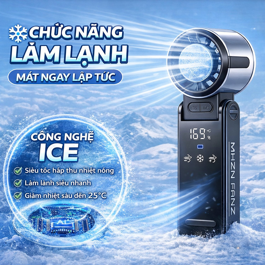 Quạt cầm tay mini Siêu mát 180 Độ xoay gấp gọn màn hình LED hiện thị kỹ thuật số