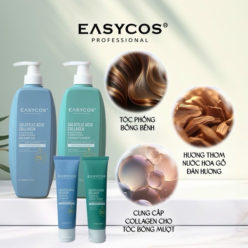 Combo Dầu Gội Xả Collagen EASYCOS 800ML Sạch Gàu Nấm, Kiềm Dầu, Dưỡng Ẩm và Phục Hồi Tóc Hư Tổn