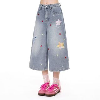Dịch Chuangzhe Quần Jean Bảy Phần Nam Nữ - Thiết Kế Retro Đường Phố, Miếng Dán Ngôi Sao Cao Cấp