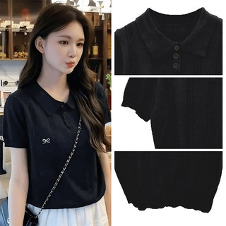 Áo nữ mỏng, màu trơn, cổ bẻ, tay ngắn, chất liệu dệt kim, thêu nơ.