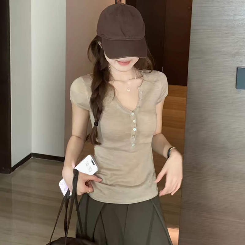 SUXI Mùa Hè Mới Nữ Nhẹ Nhàng Và Đơn Giản Cổ Nửa Mở Cổ Áo Dệt Kim Ngắn Tay 260416