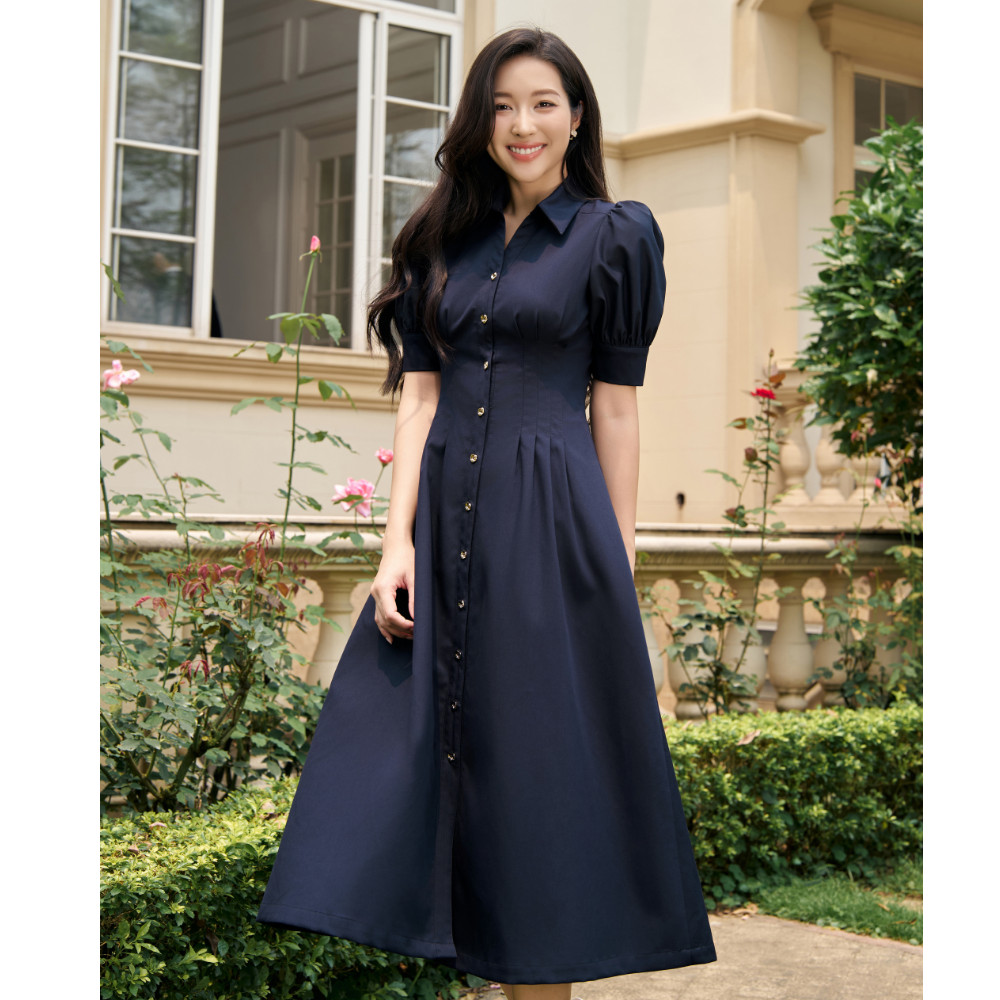Đầm sơ mi nữ ELLA DORA dáng dài nẹp giấu phối cúc đồng thanh lịch dễ mặc 4 mùa màu XANH NAVY [D230]