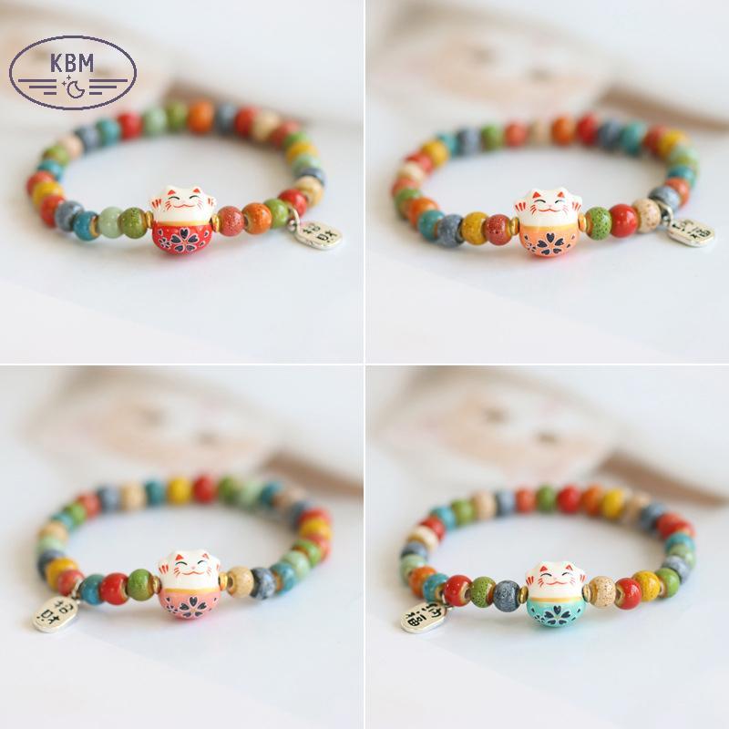 KBM Thời Trang Dễ Thương Gốm Sứ Luy Mèo Vòng Tay Cho Bé Gái Có Thể Điều Chỉnh Nhiều Màu Sắc Đính Hạt Vòng Tay Mèo Mặt Dây Chuyền Dễ Thương Quyến Rũ Vòng Tay Trang Sức FSSG