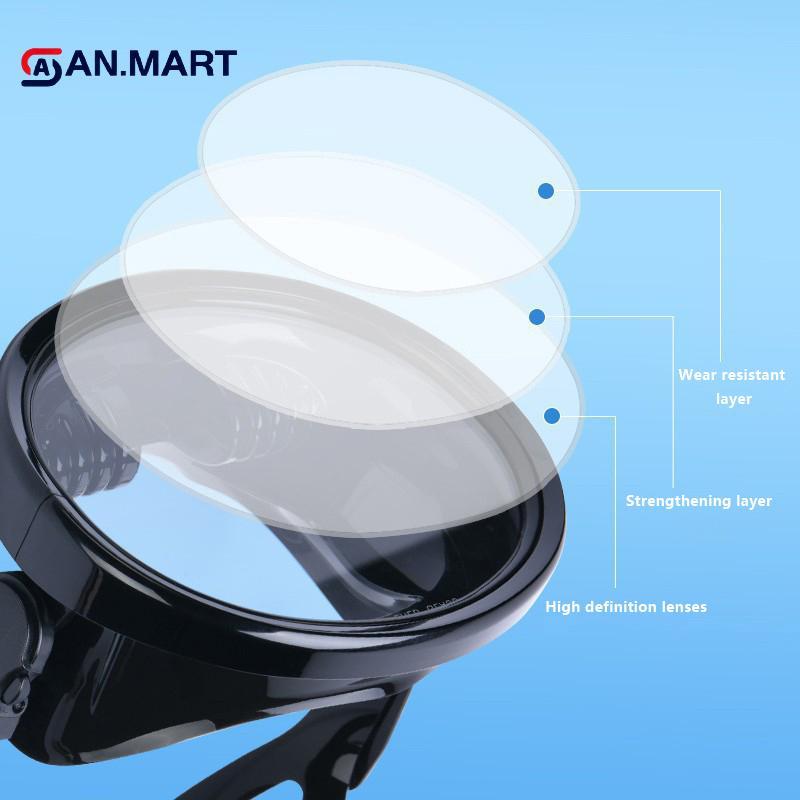 Mặt nạ lặn AN.MART với ống thở và kính cường lực, thiết kế bầu dục phù hợp cho người lớn khi câu cá hoặc lặn biển.