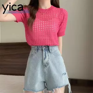 YICA Hollow Out Top - Áo dệt kim ngắn tay mỏng, Thời Trang Cho Nữ