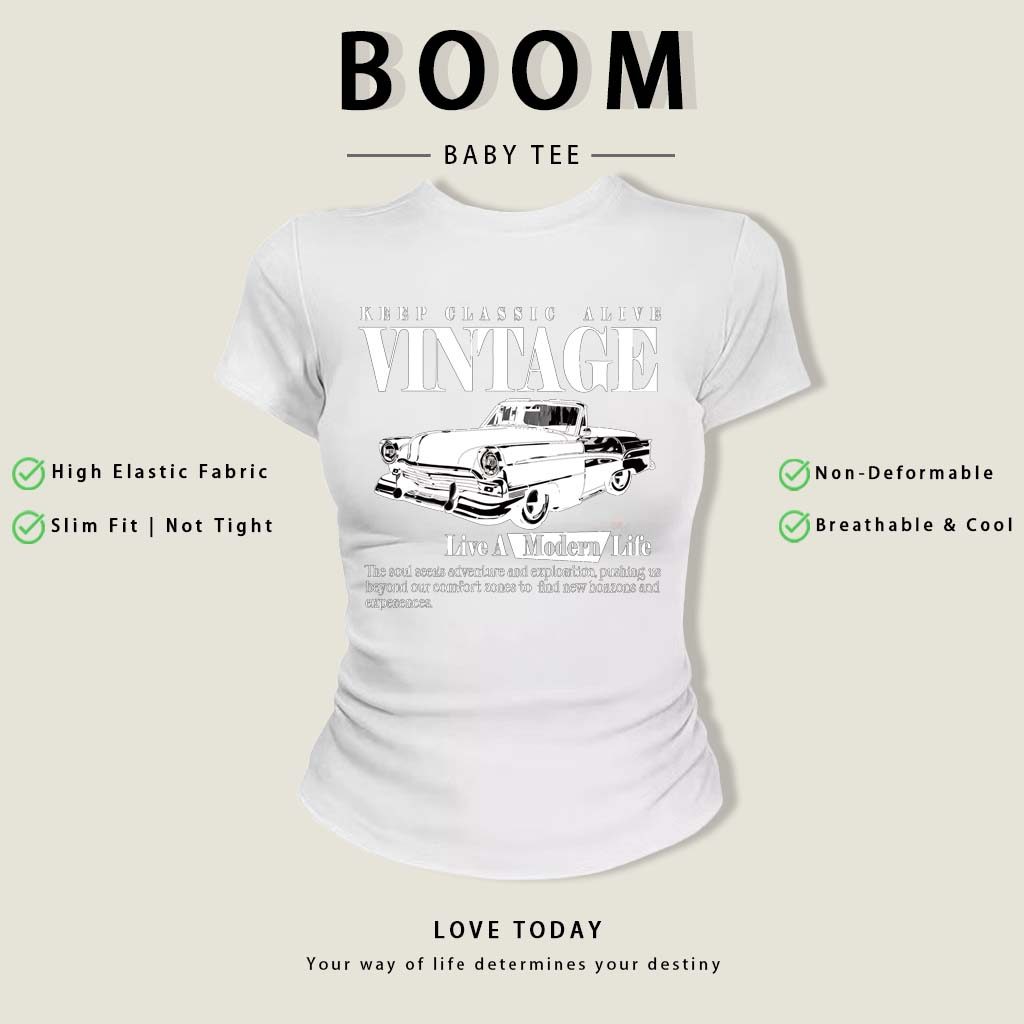 BOOM Áo Baby Tee Nữ Cotton Ôm Body-Áo Thun Ngắn Tay Y2K In Hình PhongCách Mùa Hè, Cổ Tròn Hàng Đầucách hàn quốc phongW28