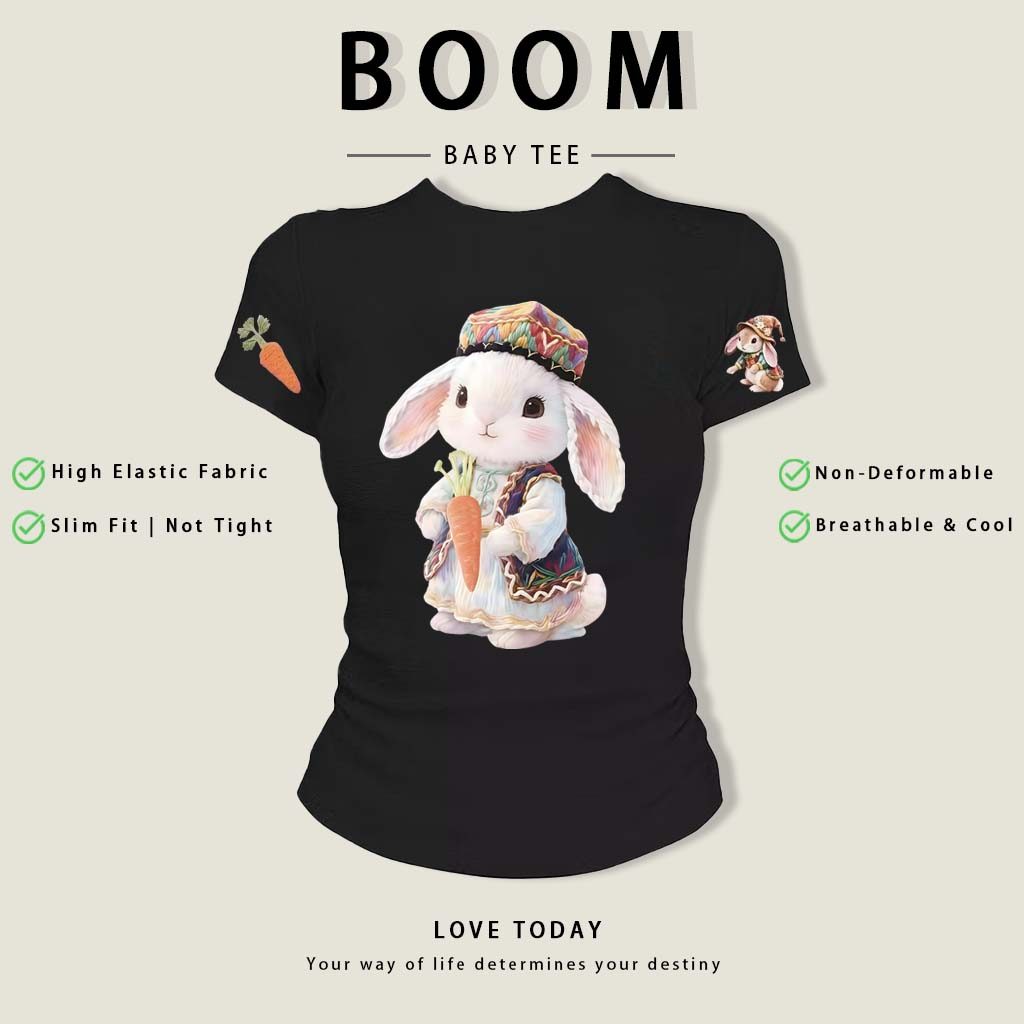 BOOM Áo thêu Baby Tee Nữ Cotton Ôm Body-Áo Thun Ngắn Tay Y2K In Hình PhongCách Mùa Hè, Cổ Tròn Hàng Đầucách hàn phong 03