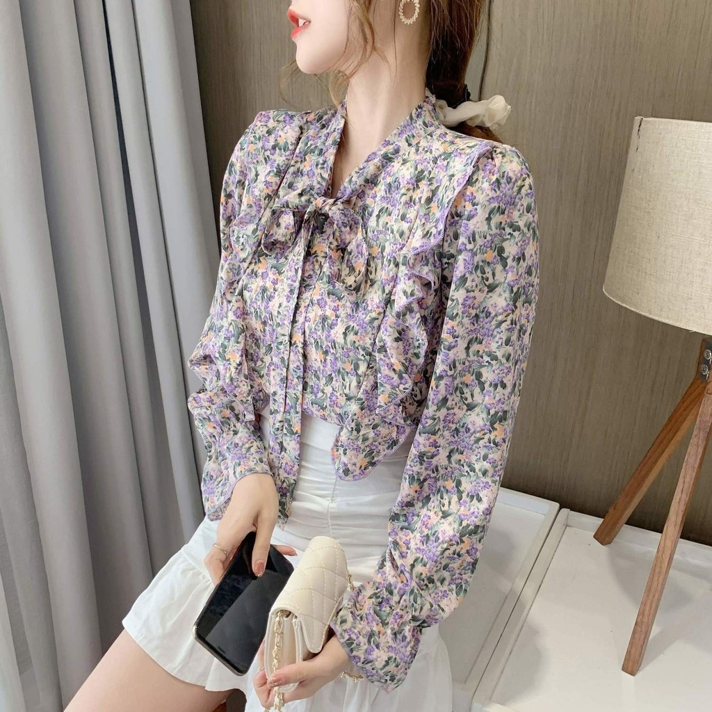 Áo Sơ Mi Dài Tay Họa Tiết Hoa Thời Trang Nữ Áo Sơ Mi In Hình Nơ