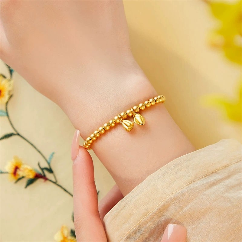 Vòng tay hạt sen và trái tim cổ xưa, dây xích co giãn, phụ kiện thời trang mỗi ngày