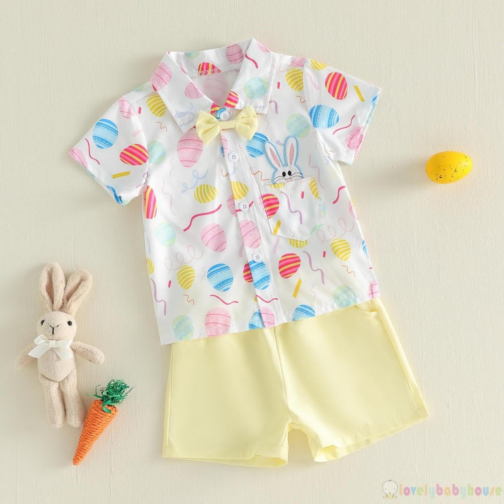 LBH-Toddler Bé Trai Trứng Phục Sinh Họa Tiết Thỏ Nút Xuống Áo Sơ Mi Tay Ngắn Có Quần Short Bộ 2 Chiếc