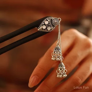 Kẹp Tóc Gỗ Đàn Hương Hình Chữ U với Tua Rua Chuông, Phong Cách Tây Tạng và Hanfu