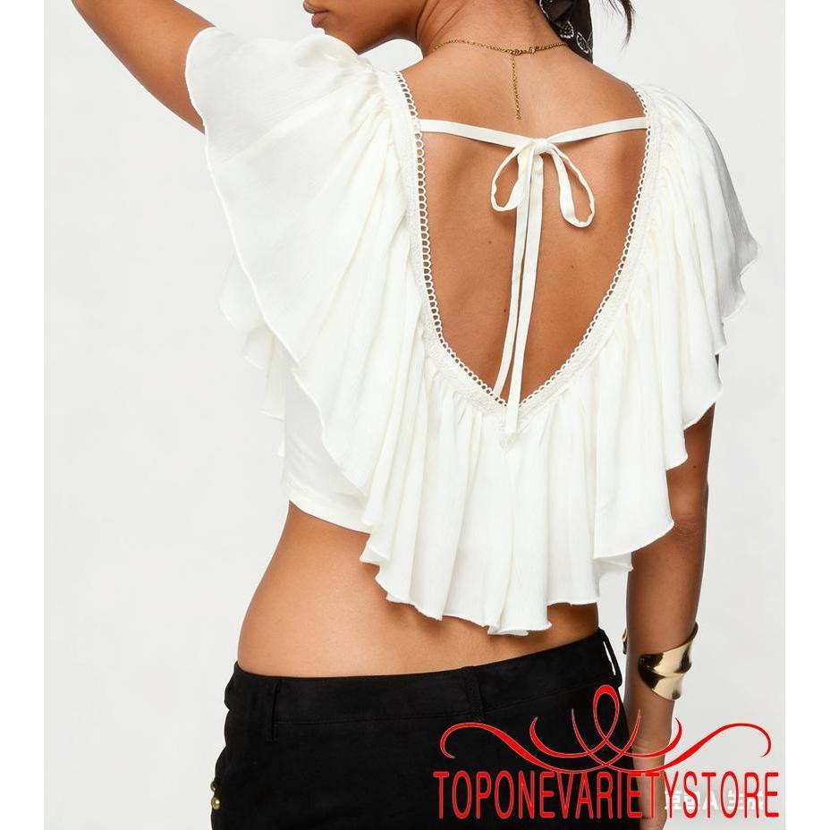 Topone-Nữ Xù Crop Top Thời Trang Màu Ren Viền Thắt Lưng Cổ Chữ V Áo Mùa Hè