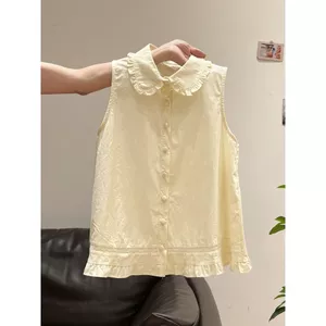 Áo vest áo yếm nữ màu vàng không tay cổ búp bê viền nấm, phong cách mới cho mùa hè