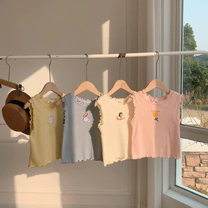 Mùa Hè Phong Cách Mới Bé Gái Áo Vest Hoạt Hình Rỗng In Hình Rộng Không Tay Ren Top 90-140 Size D3DS