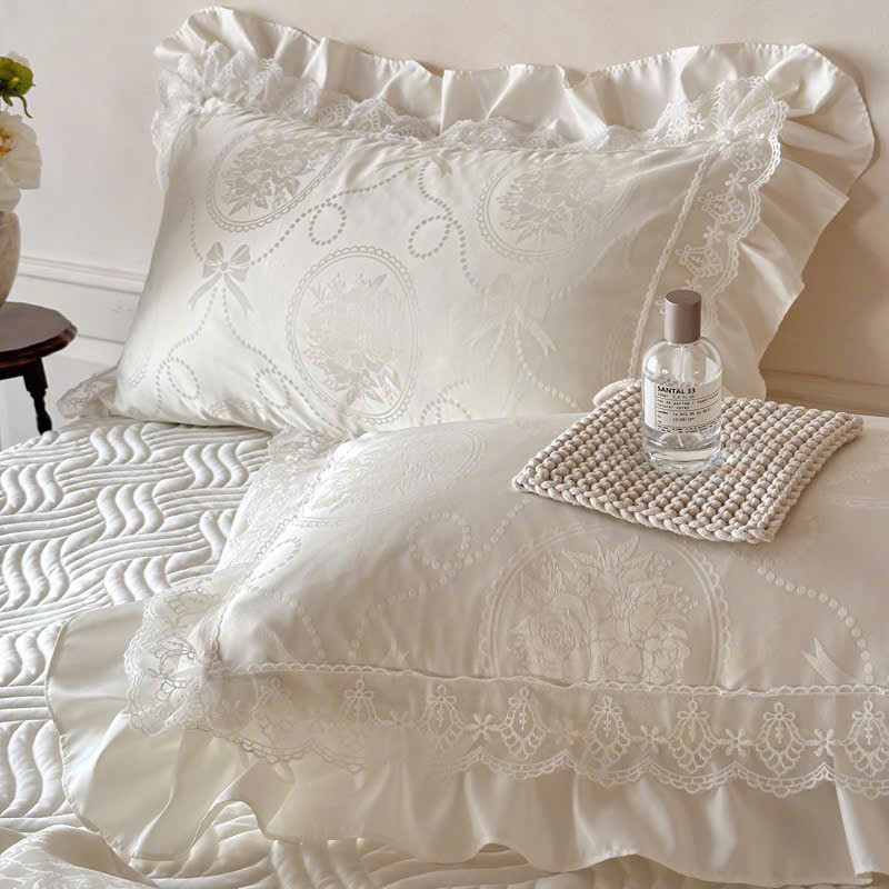 (ST105) Set vỏ chăn ga 4 món chất liệu phi lụa cao cấp phối ren mang phong cách Châu Âu sang trọng Memminbedding