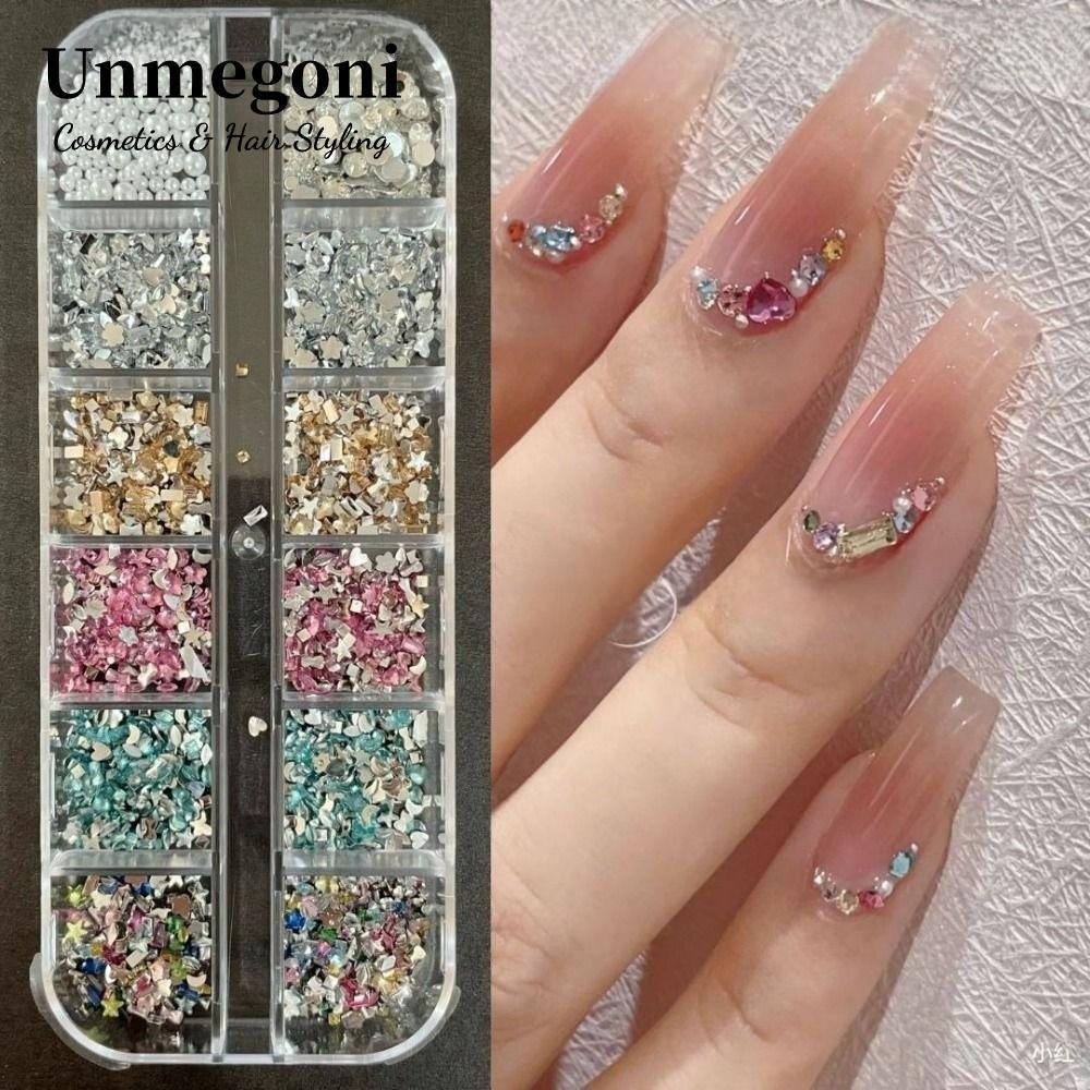 UNMEGONI Móng Tay Kim Cương Giả, Nhựa Phối Phong Cách Móng Tay Pha Lê Đá Quý, Ngôi Sao Đầy Màu Sắc Mặt Trăng Tròn Vuông Siêu Sáng DIY Đồ Dùng Móng Tay Làm Đẹp
