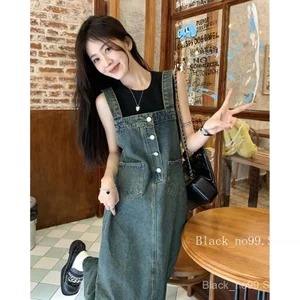 Đầm Yếm Denim Nút Trước Phong Cách Pháp Retro Dáng Rộng Thanh Lịch Cá Tính