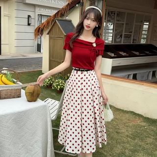 Bộ váy nữ thanh lịch phong cách Hồng Kông cổ điển, thiết kế mới mùa hè, gồm chân váy chấm bi độc đáo