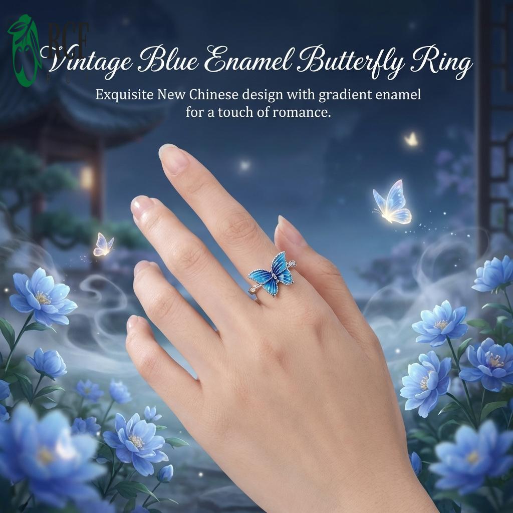 Nhẫn bướm men bạc màu gradient, phong cách Trung Hoa vintage cho nữ