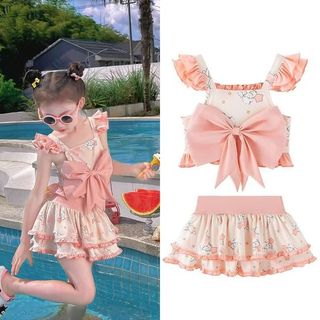 Bộ đồ bơi hai mảnh in hình chú thỏ cho bé gái | Tay áo lông xù Nơ lớn Ruffle Hem Đồ bơi dễ thương