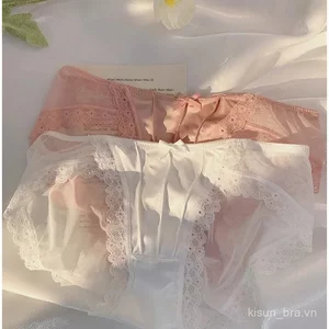 Quần lót nữ ren Pháp vintage satin, lưới mỏng thoáng khí, lưng vừa, nơ, màu trơn