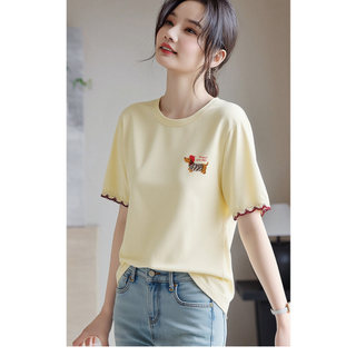 【Hạn giờ】Áo thun nữ cổ tròn cotton nguyên chất, thiết kế dáng rộng với họa tiết chó con và ren