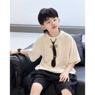 Áo thun cà vạt cho bé trai – Cotton mềm thoáng khí, áo tay ngắn thời trang, mặc hè đi học