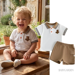 Bộ trang phục mùa hè cho bé trai Áo thun thêu gấu ngắn tay + Quần Short Bộ quần áo trẻ mới biết đi