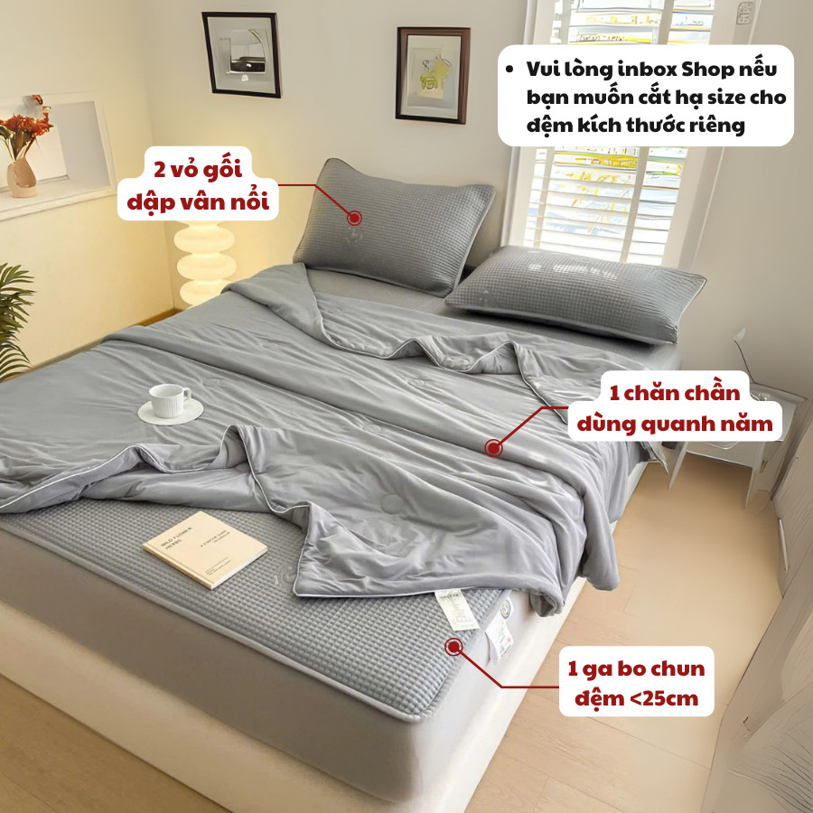(CDH358) Set 4 món chếu điều hòa băng lạnh bọc chun kèm chăn thun mềm nhẹ MemMinBedding Luxury, chất liệu mát lạnh