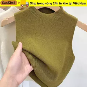 Áo len dệt kim SUNKISSD, Áo bình giảm béo cổ nửa cổ, Áo hai dây màu trơn không tay thanh lịch dành cho nữ
