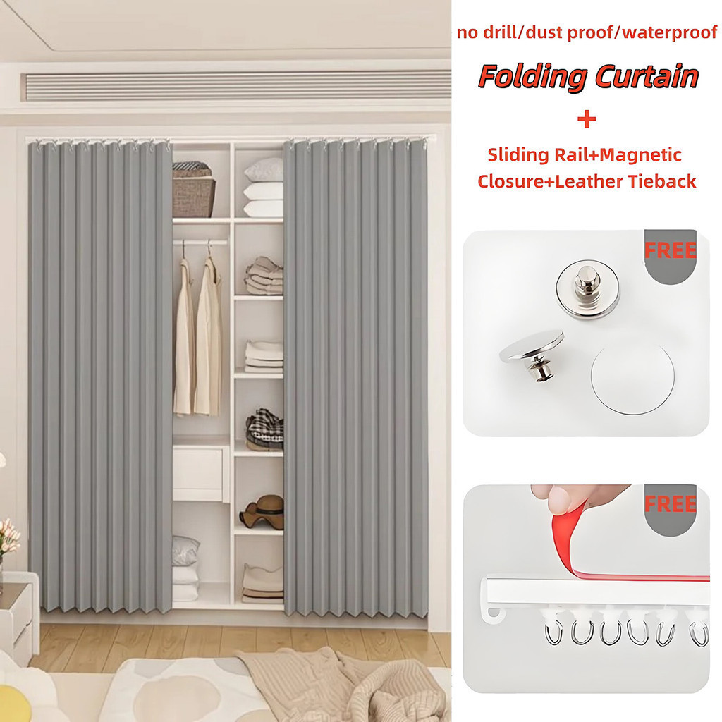 Rèm Accordion Chống Thấm Nước Không Rỉ Cho Tủ Quần Áo – Vỏ Gấp Có Bộ Đường Sắt, Tùy Chỉnh Để Ẩn Tủ Quần Áo, Màu Trơn Có Đóng Từ Tính