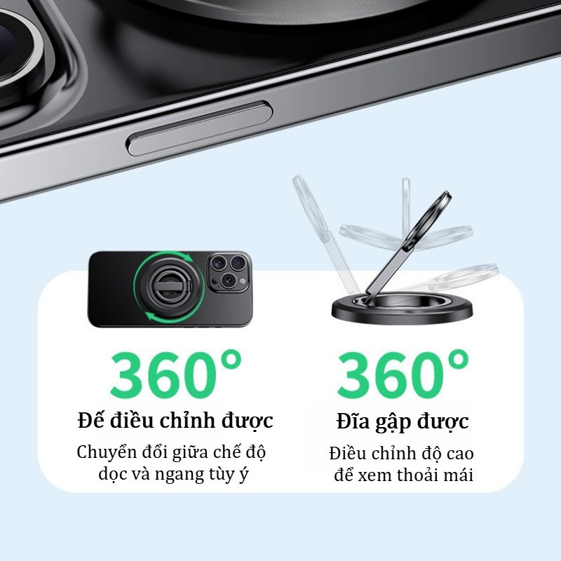 Giá đỡ Nhẫn điện Thoại Từ Tính Hai Mặt,hợp Kim Nhôm, 360° Xoay, Hút Chân Không