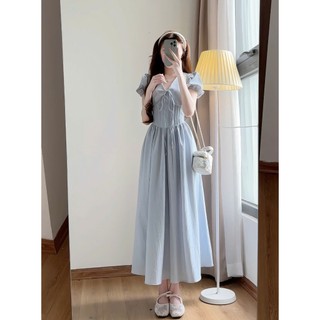Váy cổ V dáng dài tay phồng phong cách tiểu thư hàn quốc , Váy Maxi Tiểu Thư Dáng Dài Siêu Xinh