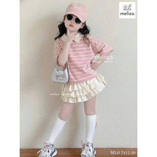 12-38kg (hàng thiết kế) Set áo kẻ cổ bẻ mix chân váy tầng Melisa