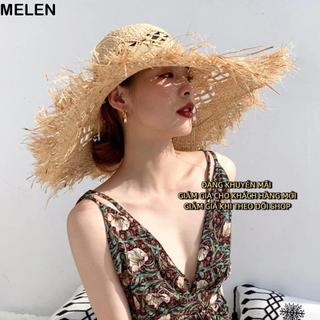 Mũ rơm MELEN với vành rộng chống tia UV, phù hợp cho người lớn và trẻ em đi du lịch