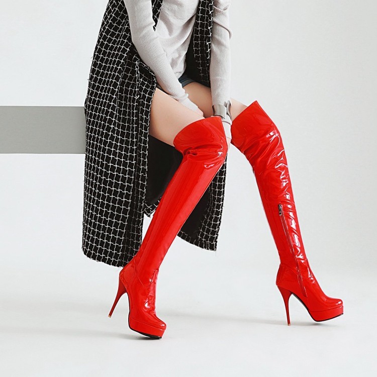 VNHX32-48 Kích Thước Lớn Kích Thước Nhỏ Gợi Cảm Phong Cách Châu Âu Mỹ Ngón Chân Tròn Giày Cao Gót Trên Đầu Gối Dây Lưng Hộp Đêm Bằng Sáng Chế Da Bóng Nền Tảng Chống Thấm Nước Bo