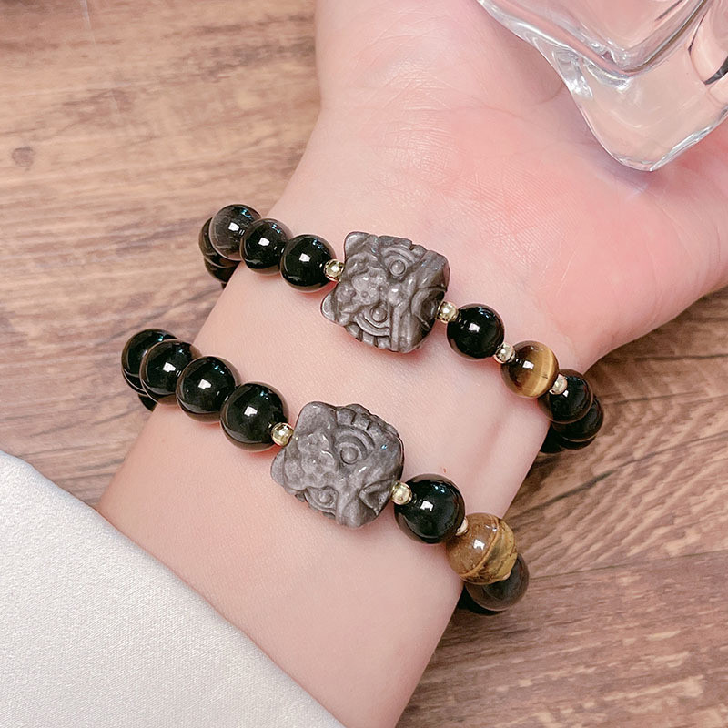 Vòng tay đôi Obsidian bạc phong cách Trung Quốc mới