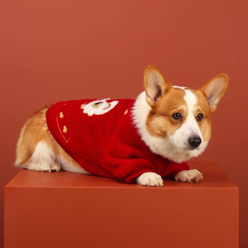 【Ready Stock】 Pet Dog New Year Clothes Autumn and Winter Shiba Inu Corgi Medium-Sized Dog Winter Fleece-Lined Warm Festive Chinese New Year Celebration Coat lbL7