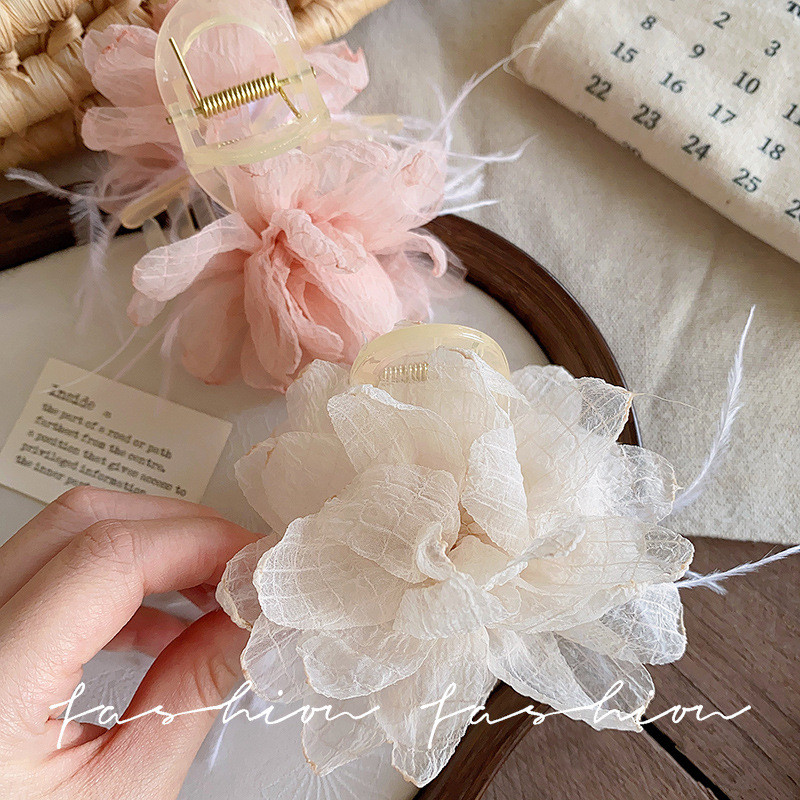 Pháp Retro Bán Chạy Hoa Mẫu Đơn Bột Không Khí Voan Hoa Lấy Kẹp Hoa Ngọt Lông Vũ Kẹp Tóc Nữ