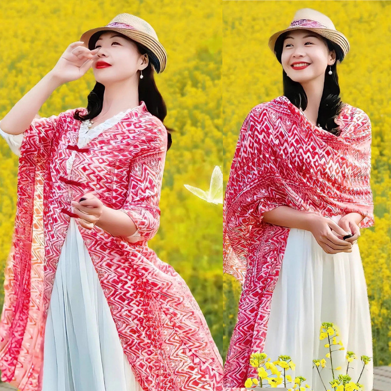 Khăn Choàng Lụa Jacquard Mỏng Phong Cách Dân Tộc, Chống Nắng Thời Trang Mùa Hè DUDT